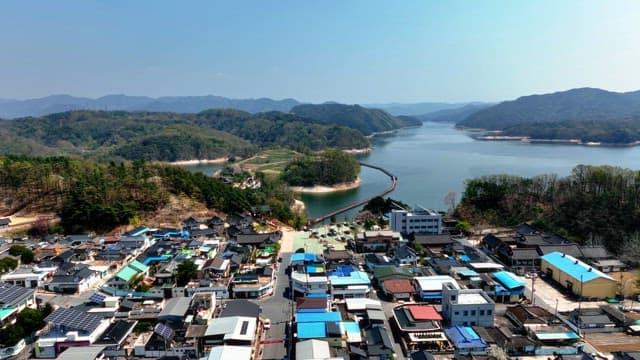 Scenic village by a serene lake