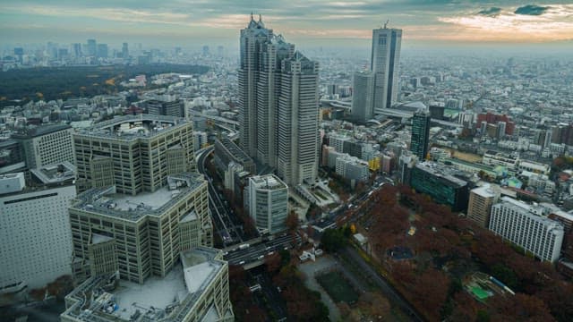Sprawling cityscape with tall skyscrapers
