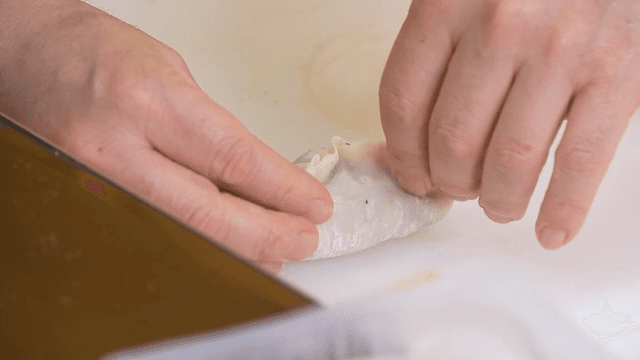 Hands folding dumpling skin on a kitchen counter