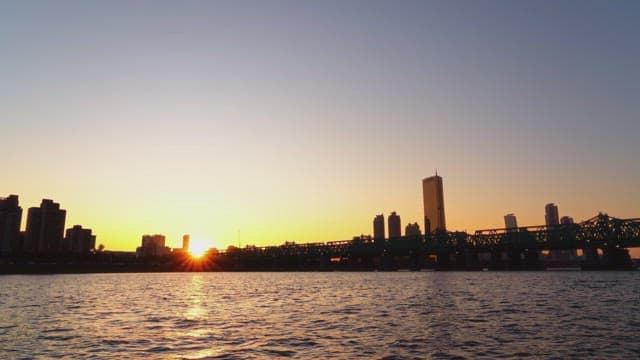 Sunset over a city skyline and river