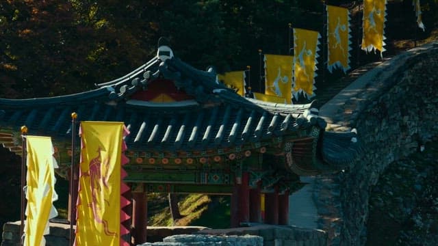Colorful Flags Lined up Along the Ancient Castle