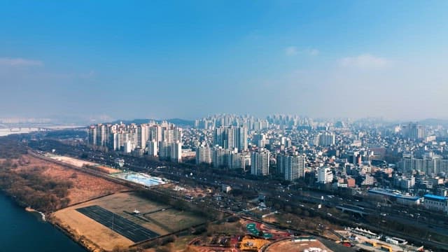Paranomic View of Bustling City under the Blue Sky