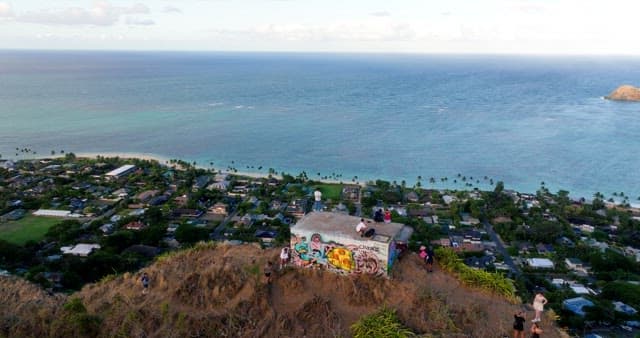 Aerial View of Coastal Area with Tourists