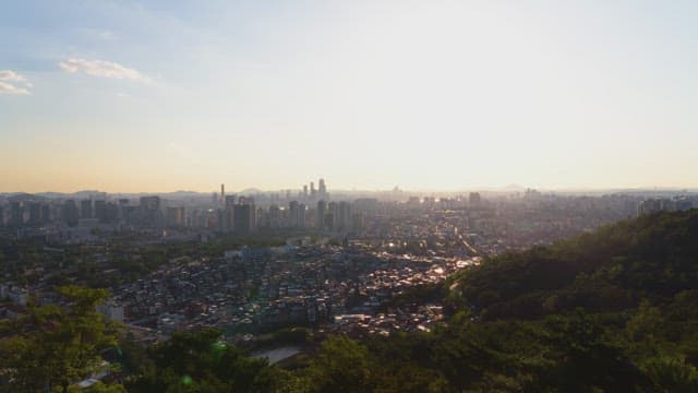 City skyline at sunset with vibrant colors