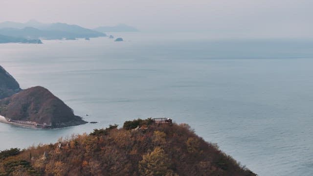 Blue Ocean View from the Viewpoint in Mountains during Autumn