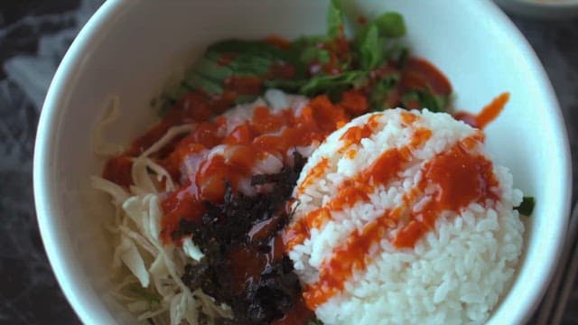 Raw Fish Bibimbap Topped with Vinegar Hot Sauce
