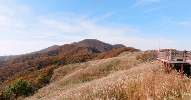 Wooden lookout on a scenic mountain trail