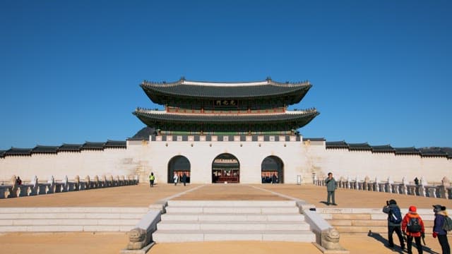 Tourists Visiting Gwanghwamun on a Clear Day