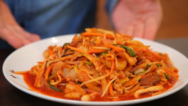 Spicy Stir-fried Jjamppong Plated on a Plate