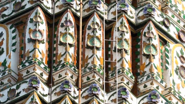 Colorful and intricate decorations on the exterior walls of Thai temple