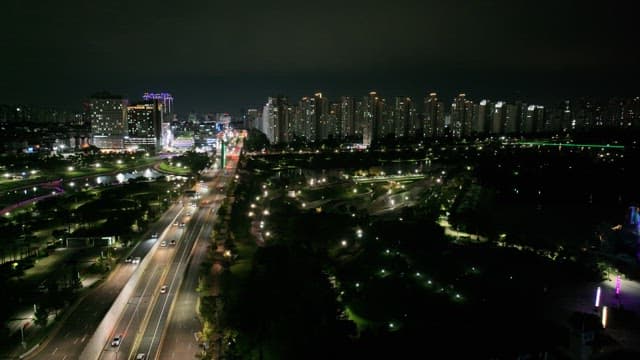 Night View Illuminated by the Lights of a Bustling City and Traffic