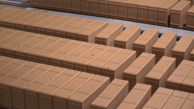 Rows of bricks on a conveyor belt