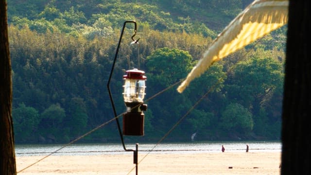 Camping lantern hanging on a lush riverbank