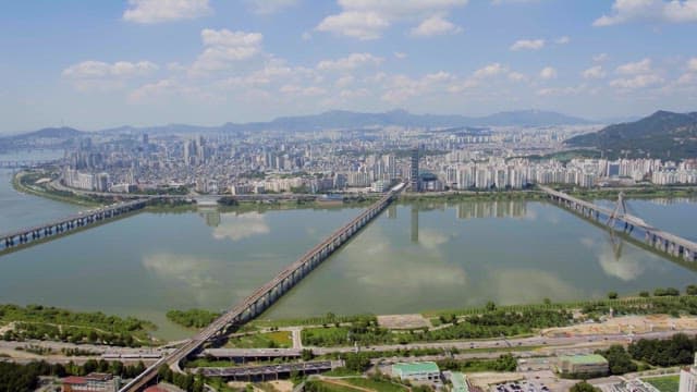 Aerial view of Seoul with the Hangang River and bridges