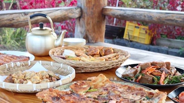 Traditional Korean Pancakes and Side Dishes