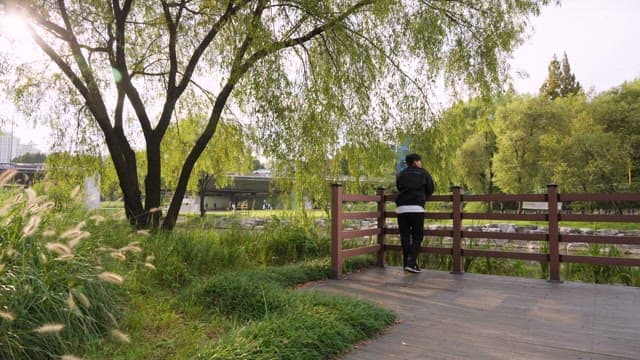Person standing on a wooden deck in a park