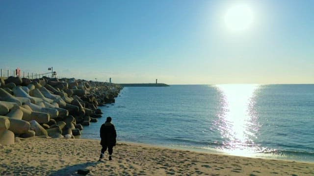 Beach with Breakwater and Sea Shimmering in Sunlight