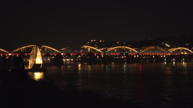 Bridge lit up over the calm and quiet Han River at night