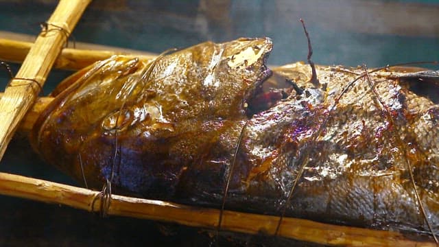 Giant trevally being grilled on an open fire