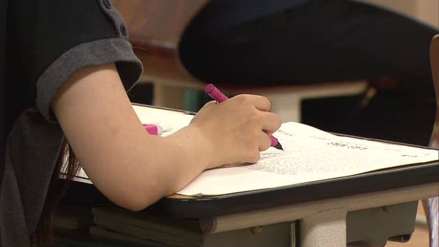 Student Solving Test Questions at Classroom Desk
