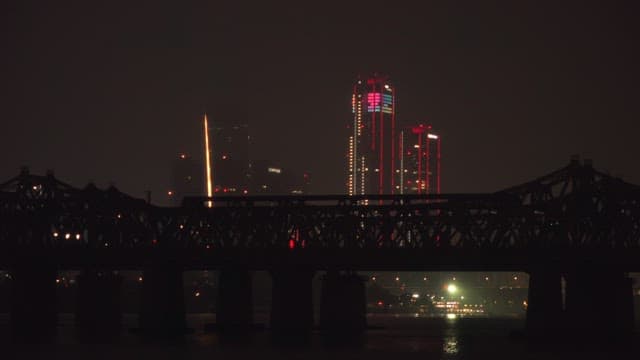 Night view of the subway bridge and the city skyline