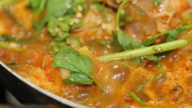 Spicy shaggy sea raven stew with vegetables
