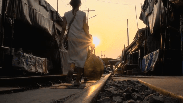 Evening walk through a bustling alley along the railway tracks under the setting sun