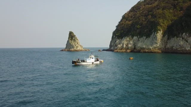 Fishing boat in the sea near rocky cliffs