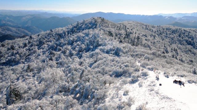 Whtie snowy mountain landscape with clear skies