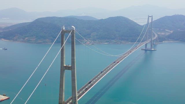 Large suspension bridge over calm sea