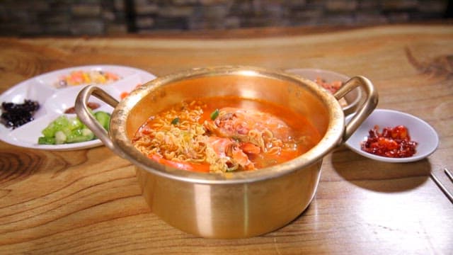 Appetizing seafood ramen with red crab