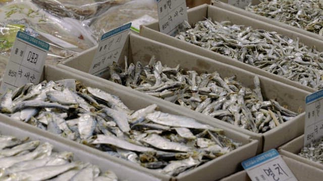 Boxes of various dried fish neatly arranged inside a marketplace