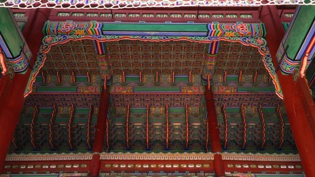 Interior of Geunjeongjeon, a traditional Korean palace with ornate decorations, Gyeongbokgung Palace