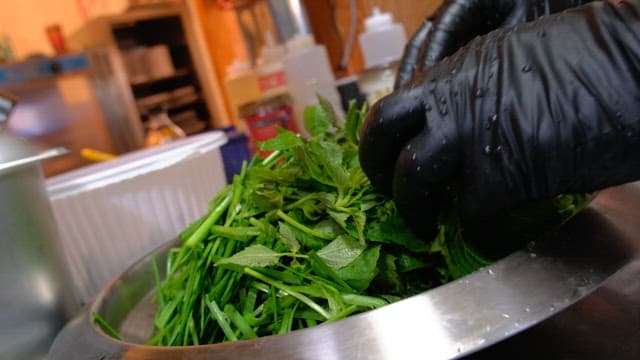 Preparation process of a dish with fresh green vegetables in a kitchen