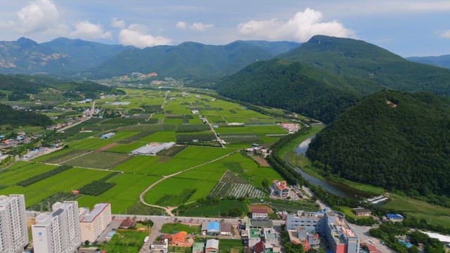 Rural village surrounded by green fields
