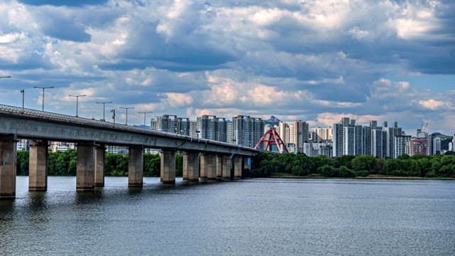 Bridge over a river with city skyline