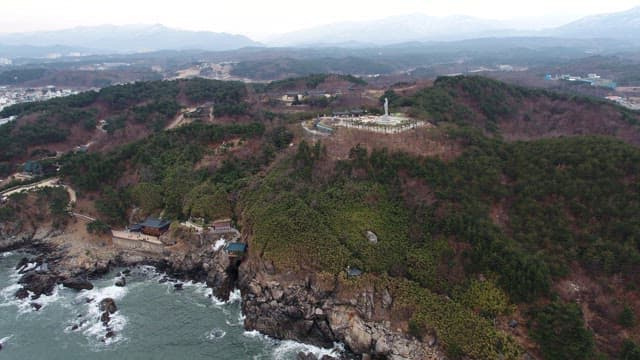 Coastal Temple Complex Amidst Forested Cliffs