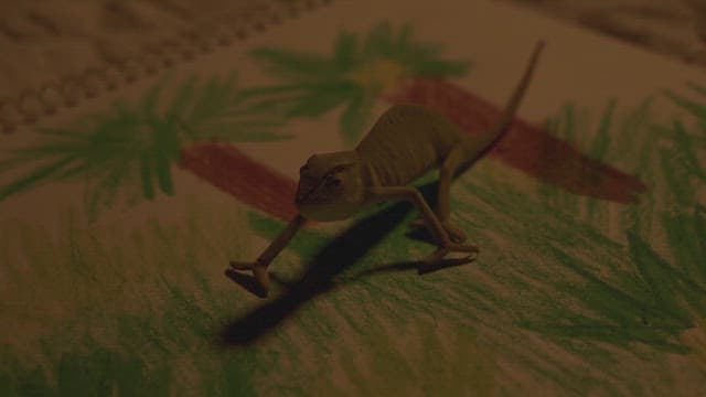 Chameleon crawling on a child's drawing of palm trees and grass
