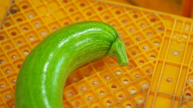 Fresh green zucchini on a yellow perforated tray