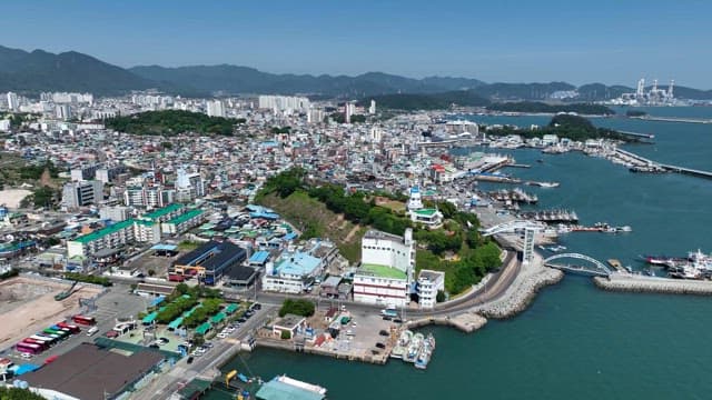 Coastal city with a bustling harbor