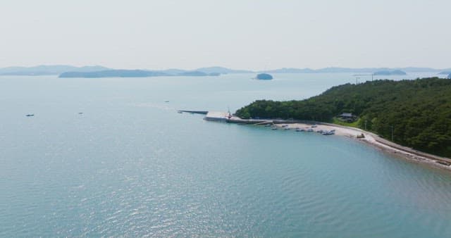 Serene coastal area with small boats