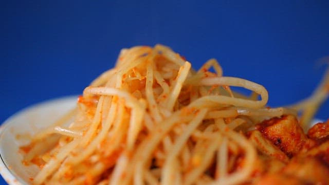Spicy Korean fish cake and bean sprouts