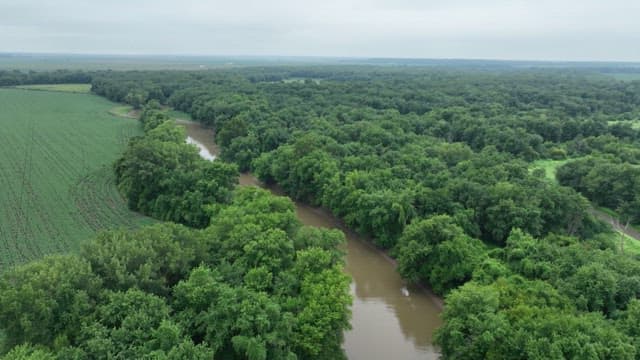 River winding through a lush green forest and farmland