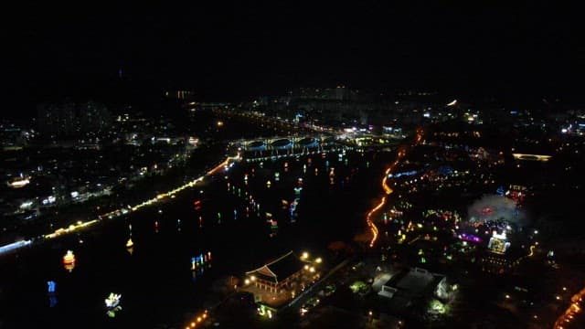 Nighttime Cityscape with Illuminated Festival Decorations