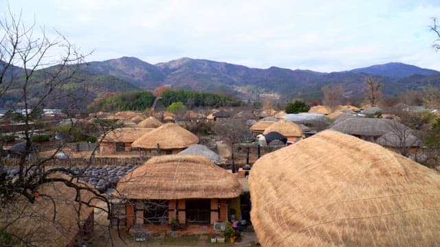 Rural village with thatched-roof houses in the mountains