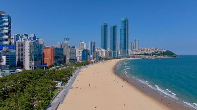 Haeundae Beach in Busan, a bustling beach with high-rise buildings under a clear sky