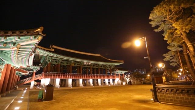 Traditional structure illuminated at night