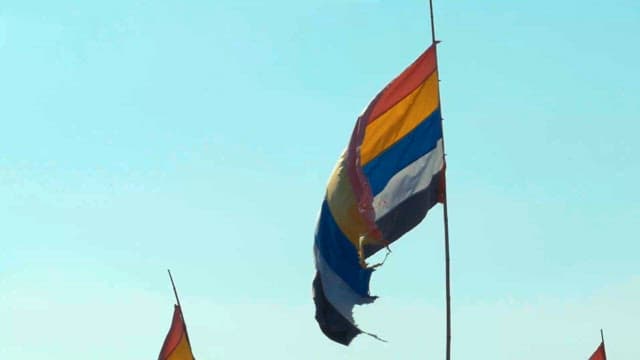Fluttering Flags Against a Clear Sky