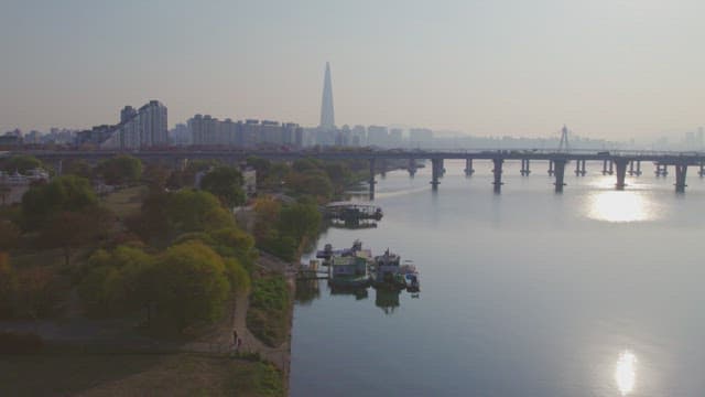 City skyline with a river and bridges
