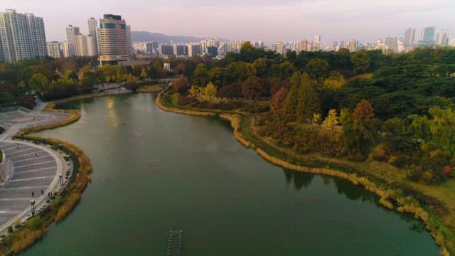 Autumn Park with Pond by Urban Skyline